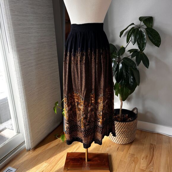 Vintage Carole Little skirt Elastic waist button down black brown midi size 8 - Picture 5 of 6